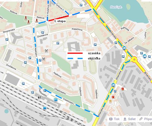 Mapa uzavírky I. etapy ulice Smetanova Žďár nad Sázavou